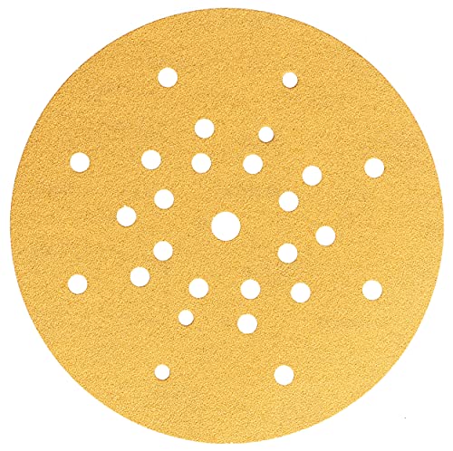 Mirka Gold Schleifpapier Ø 225mm Klett 27-Loch / Korn P150, 25 Scheiben / Für Trockenbauschleifer Wand- und Deckenschleifer / Zum Schleifen von Gips, Spachtel, Spanplatten, Holz, Lack von MIRKA