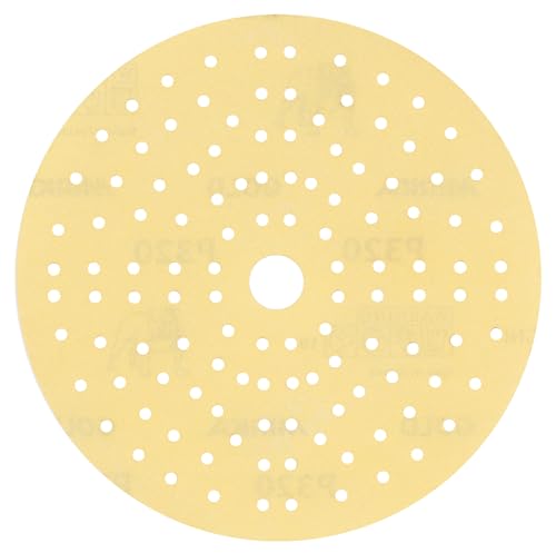 Mirka Gold Universal-Schleifpapier Ø 150mm Klett 121-Loch / Korn P320, 100 Stk / Zum Schleifen von Gips, Spachtel, Spanplatten, Holz, Lack von MIRKA