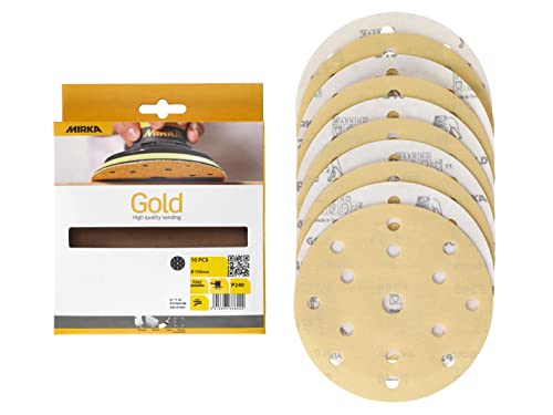 Mirka Gold Universal-Schleifpapier Ø 150mm Schleifscheiben Klett 15-Loch, Korn P240, 10 Stk / Zum Schleifen von Gips, Spachtel, Spanplatten, Holz, Lack von MIRKA