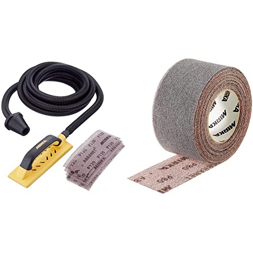 Mirka Handy Handschleifer Starter-Kit, mit Bügelgriff und Klett, 5 x Mirka Abranet® Netz-Schleifstreifen und Absaugschlauch, Schleifblock & 545BI001123R Abranet Grip Rolle, 75 mm x 10 m, Korn 120 von MIRKA