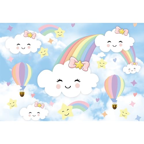 MIRRORANG 2,2x1,5m Cartoon Regenbogen Wolke Hintergrund Aquarell blauen Himmel Sterne Heißluftballon Fotografie Hintergrund Baby Party Dekoration Banner, Vinyl von MIRRORANG
