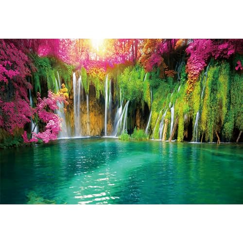 MIRRORANG 2,2x1,5m Natürliche Landschaft Hintergrund Wald Wasserfall Grün See Bäume Blühend Fotografie Hintergrund Hochzeit Geburtstag Draussen Party Kinder Erwachsene Porträt Studio Stütze, Vinyl von MIRRORANG
