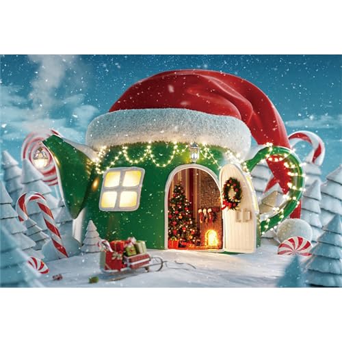 MIRRORANG 2,7x1,8m Weihnachten Candy House Backdrop Sweet Candyland Lollipop Schneeflocke Märchen Xmas Hut Fotografie Hintergrund Winter Wonderland Thema Weihnachten Party Dekorationen Zubehör, Vinyl von MIRRORANG