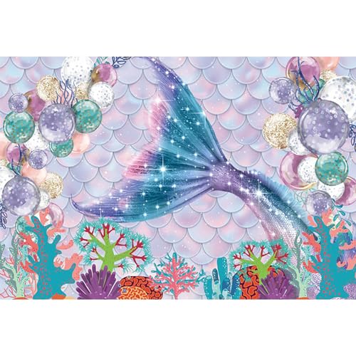 MIRRORANG 3x2,5m Meerjungfrau Thema Hintergrund Glitter lila und rosa Schuppen Marine Koralle Fotografie Hintergrund Mädchen Geburtstag Party Baby Dusche Dekoration, Vinyl von MIRRORANG