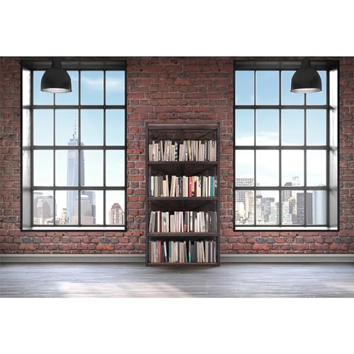 MIRRORANG 3x2m Innere Zimmer Hintergrund Alte Backsteinmauer Bücherregal Fenster Stadtbild Fotografie Hintergrund Innere Zimmer Geschäft Online-Meeting Dekor Porträt Schießen Requisiten, Vinyl von MIRRORANG