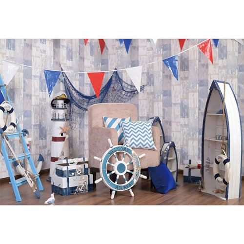 MIRRORANG 3x2m Nautische Thema Party Hintergrund Weiß Blau Ruder Leuchtturm Boot Rettungsring Fotografie Hintergrund Kindergeburtstag Party Baby Dusche Dekorative Requisiten, Vinyl von MIRRORANG