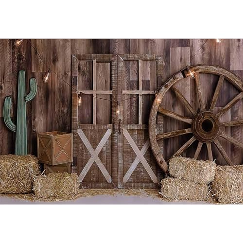 MIRRORANG 3x2m Western-Cowboy Hintergrund Holz Scheunentor Bauernhaus Räder Heuhaufen Heuballen Wagenrad Kaktus Retro Fotografie Hintergrund für Ostern Party Cowboy Neugeborene Babyparty, Vinyl von MIRRORANG