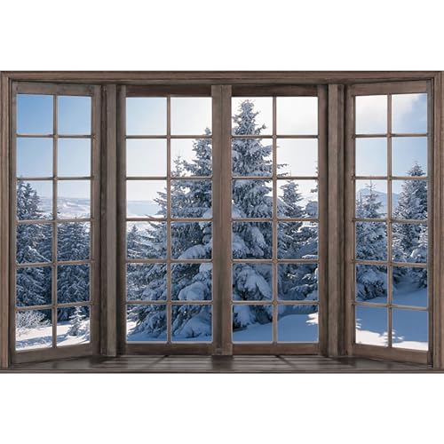 MIRRORANG 4,5x3m Winterlandschaft Hintergrund Fensteransicht Weihnachten Schnee Bäume Landschaft Fotografie Hintergrund Baby Kinder Party Dekorationen Porträt Kuchen Tisch Banner, Vinyl von MIRRORANG