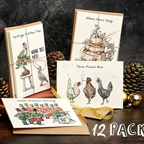 MISNODE Twelve Days Of Christmas Card Set, 12 Stück Grußkarten, witzige lustige Weihnachtskarten, Urlaubskarten-Set mit Umschlägen (12 Karten, 12 Designs) von MISNODE