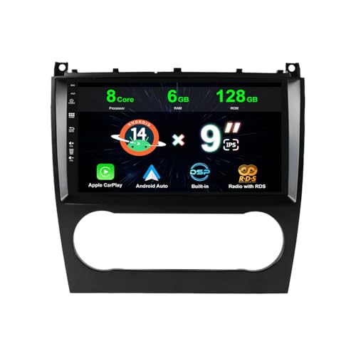 6G+128G 2 Din Autoradio Android 14 für Mercedes Benz W203/W209/C180/C200/C220/C230 (2005-2009) Kamera+MIC GPS Lenkradsteuerung DSP WiFi DAB Carplay BT5.0 RDS 9 Zoll IPS von MISONDA