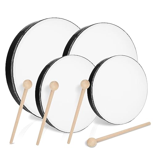 MIVIDE 4 Stück Handtrommel mit Schlägel, Tamburin Trommel, Tambourin Percussion, Holz Handtrommel Set für Kinder und Erwachsene (4zoll, 6zoll, 8zoll und 10zoll) von MIVIDE