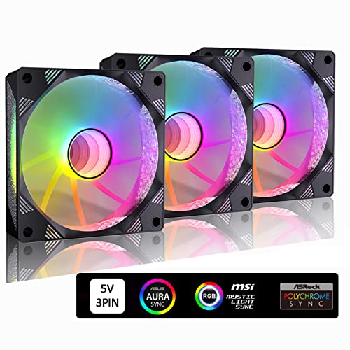 MIWATT 5V Motherboard Anschluss, 120 mm RGB Lüfter, ASUS Aura Sync oder MSI Mystic Control für PC Gehäuse, CPU Kühler, Wasserkühlungs Radiator System (3er Pack, E Serie) von MIWATT