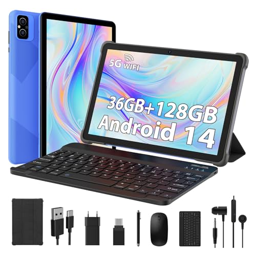 MIXLURE Android 14 10 Zoll Tablet, Touch Tablet 36G RAM+128G ROM (512GB TF), 1280 * 800 HD/5G WiFi und 4G LTE/Octa-Core 2.0Ghz/8000mAh/5MP + 8MP Kamera mit Gehäuse, Tastatur, Maus-Blau von MIXLURE