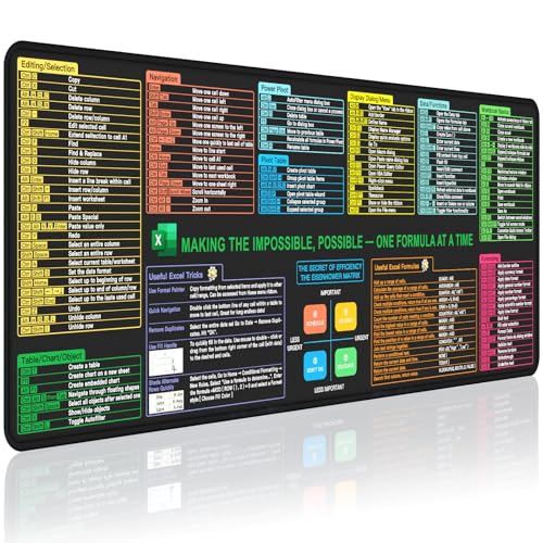 Mixvova Excel-Spickzettel-Schreibtischunterlage, XXL-Excel-Mauspad, 90 x 40 cm, glatte und leicht zu reinigende Oberfläche, Excel-Verknüpfungen, Mauspad für Büro, genähte Kanten, perfekt für Arbeit von MIXVOVA