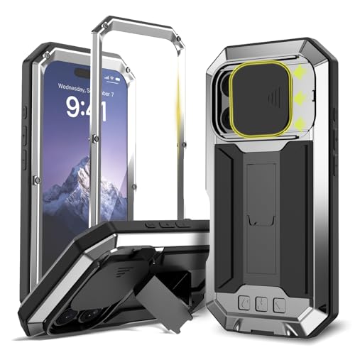 Kompatibel mit iPhone 16 Pro 5G Handyhülle [Schutz in Militärqualität], Outdoor Powerful Hybrid Schutz stoßfest Fall Schutzhülle,mit Ständer & Integrierter Displayschutz & Kameraschutz (Silber) von MIYIYQP