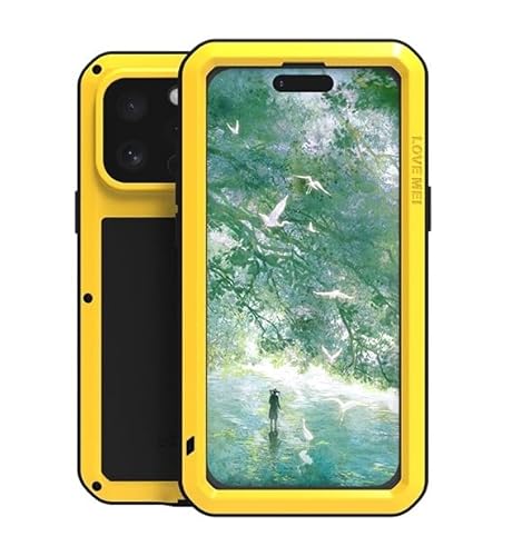 Kompatibel mit iPhone 16 Pro Max 5G Metall hülle, Love MEI Powerful Hybrid Schutz stoßfest wasserdicht Fall Schutzhülle,mit Eingebautem Gehärtetem Glas Displayschutzfolie (Gelb) von MIYIYQP