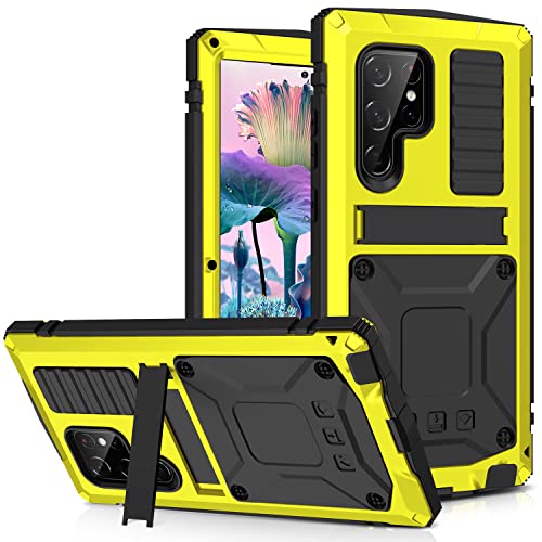 MIYIYQP Kompatibel mit Samsung Galaxy S23 Ultra 5G Metall hülle, Powerful Hybrid Schutz stoßfest wasserdicht Fall Schutzhülle,mit Eingebautem Gehärtetem Glas Displayschutzfolie (Gelb) von MIYIYQP