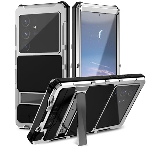 MIYIYQP Kompatibel mit Samsung Galaxy S24 Ultra 5G Metall hülle, Outdoor Powerful Hybrid Schutz stoßfest Fall Schutzhülle,mit Eingebautem Gehärtetem Glas Displayschutzfolie mit Kickstand (Silber-Ⅲ) von MIYIYQP