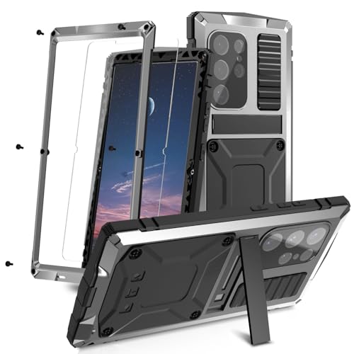 MIYIYQP Kompatibel mit Samsung Galaxy S24 Ultra 5G Metall hülle, Powerful Hybrid Schutz stoßfest wasserdicht Fall Schutzhülle,mit Eingebautem Gehärtetem Glas Displayschutzfolie (Silber) von MIYIYQP