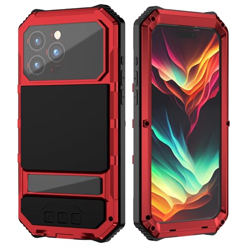 MIYIYQP Kompatibel mit iPhone 15 Pro 5G Metall hülle, Outdoor Powerful Hybrid Schutz stoßfest Fall Schutzhülle,mit Eingebautem Gehärtetem Glas Displayschutzfolie mit Kickstand (Silber-Ⅲ) (Rot-Ⅲ) von MIYIYQP