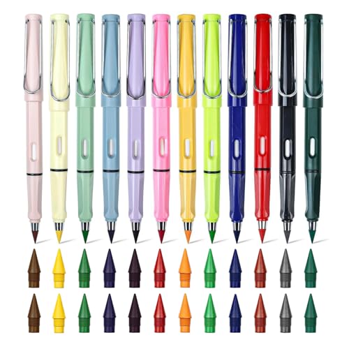 12 Stk Bunte Ewiger Bleistift, Bleistifte mit Radiergummi mit 24 Wechselkopfm Tintenlose Bleistifte Set Langlebiger Magischer Bleistifte Set Infinity Magic Pencil für Schreiben Malen Skizzieren von MIYUANGKJ