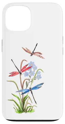 Aquarell-Libellen und blaue Blumen, Natur-Design Hülle für iPhone 13 von MJ Designs