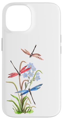 Aquarell-Libellen und blaue Blumen, Natur-Design Hülle für iPhone 14 von MJ Designs