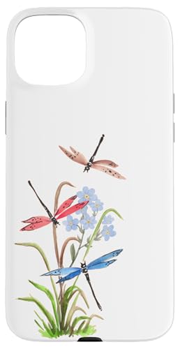 Aquarell-Libellen und blaue Blumen, Natur-Design Hülle für iPhone 15 Plus von MJ Designs