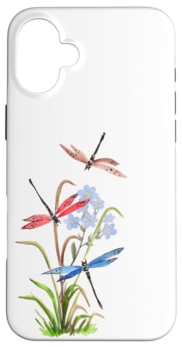 Aquarell-Libellen und blaue Blumen, Natur-Design Hülle für iPhone 16 Plus von MJ Designs