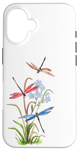 Aquarell-Libellen und blaue Blumen, Natur-Design Hülle für iPhone 16 von MJ Designs