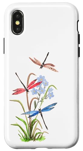 Aquarell-Libellen und blaue Blumen, Natur-Design Hülle für iPhone X/XS von MJ Designs