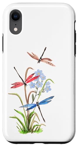 Aquarell-Libellen und blaue Blumen, Natur-Design Hülle für iPhone XR von MJ Designs