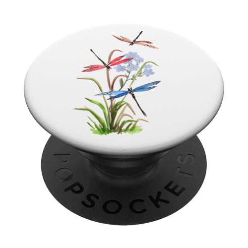Aquarell-Libellen und blaue Blumen, Natur-Design PopSockets Klebender PopGrip von MJ Designs