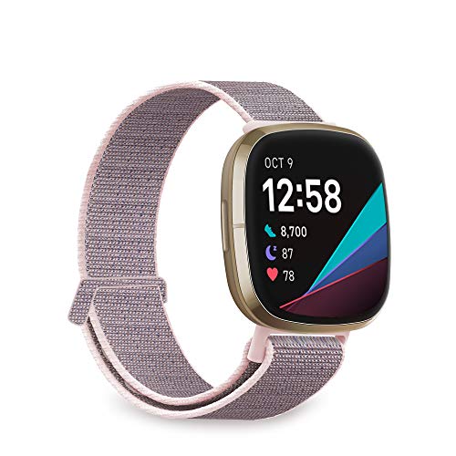 MJRom Armbänder Kompatibel mit Fitbit Sense 2/Versa 4 3 Armband, Nylon Ersatzband mit Damen Herren für Sense/Versa 3 4 Smartwatch (Pink Sand) von MJRom