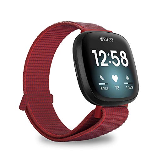 MJRom Armbänder Kompatibel mit Fitbit Sense 2/Versa 4 3 Armband, Nylon Ersatzband mit Damen Herren für Sense/Versa 3 Smartwatch (Rot) von MJRom