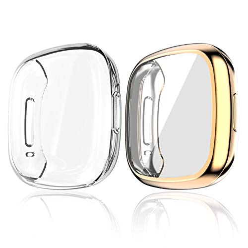 MJRom Hülle Kompatibel mit Fitbit Versa 3/Sense Schutzhülle, [2 Stücke] Vollständige Abdeckung Weiche TPU Cover Case Schutzfolie für Sense/Versa 3 Smartwatch (Klar+Bronze Gold) von MJRom