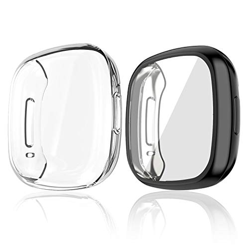 MJRom Hülle Kompatibel mit Fitbit Versa 3/Sense Schutzhülle, [2 Stücke] Vollständige Abdeckung Weiche TPU Cover Case Schutzfolie für Sense/Versa 3 Smartwatch (Klar+Schwarz) von MJRom