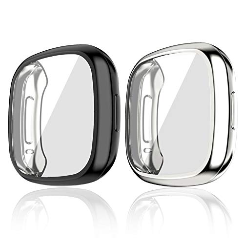 MJRom Hülle Kompatibel mit Fitbit Versa 3/Sense Schutzhülle, [2 Stücke] Vollständige Abdeckung Weiche TPU Cover Case Schutzfolie für Sense/Versa 3 Smartwatch (Schwarz+Silber) von MJRom