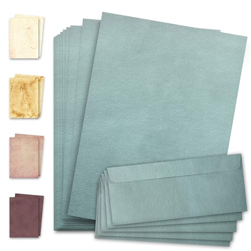 MJhomely® Elegantes Briefpapier - Doppelseitiges DIN A4 Schreibpapier für Bastelarbeiten, Scrapbooking, Journals - Stilvolle Muster, Farben, Designs - mit 25 Umschlägen - 21x29,7 cm - 50 Blätter Grün von MJhomely