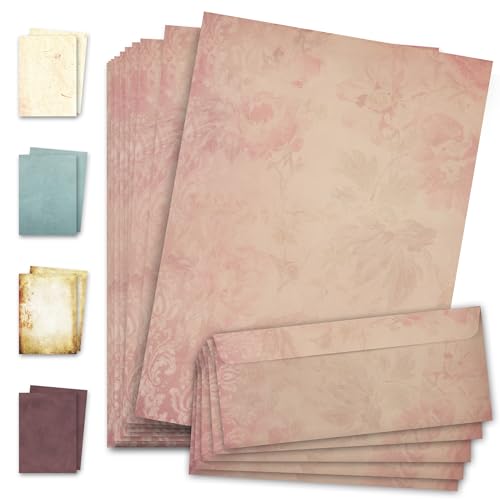 MJhomely® Elegantes Briefpapier - Doppelseitiges DIN A4 Schreibpapier für Bastelarbeiten, Scrapbooking, Journals - Stilvolle Muster, Farben, Designs - mit 25 Umschlägen - 21x29,7 cm - 50 Blätter Rosè von MJhomely