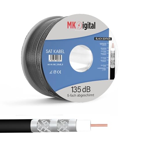 MK-Digital 100m Koaxialkabel 135dB Sat Koax Kabel, Antennenkabel 5-Fach geschirmt für DVB-S / S2, DVB-C, DVB-T, BK Anlagen 4K FullHD Ultra HD 4K, Stahl-Kupfer Satkabel, Sat verlegekabel,Schwarz von MK-Digital