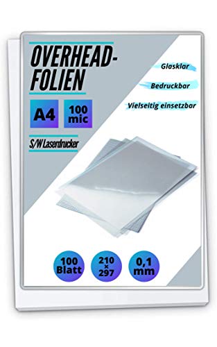 100 OHP-Folien A4 für Laserdrucker und S/W-Kopierer - transparent glasklar - PREMIUM Overheadfolien für beste Druck- und Projektions-Qualität von MK Marc Kindermann