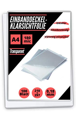 100 PREMIUM Deckblätter Klarsichtfolien, hitzebeständig bis ca. 250°C, PET, transparent, glasklar, 0,18 mm stark (A4, 210x297mm) von MK Marc Kindermann