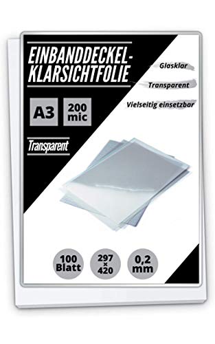 100 PREMIUM Einbanddeckel-Klarsichtfolien A3, PVC-Folie, 0.20 mm, 100-er Pack, transparent von MK Marc Kindermann