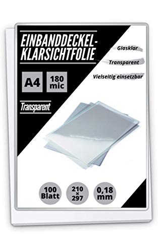 100 PREMIUM Einbanddeckel-Klarsichtfolien A4, PVC-Folie, 100-er Pack, transparent (0.18mm) von MK Marc Kindermann