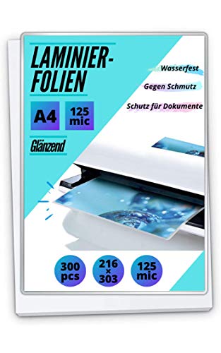 300 PREMIUM Laminierfolien DIN A4 - Hochglänzend - 2 x 125mic (250 mic) von MK Marc Kindermann