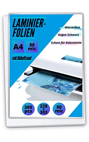 300 PREMIUM Laminierfolien DIN A4 - Hochglänzend mit Abheftrand (Filex) - 2 x 80mic (160 mic) von MK Marc Kindermann