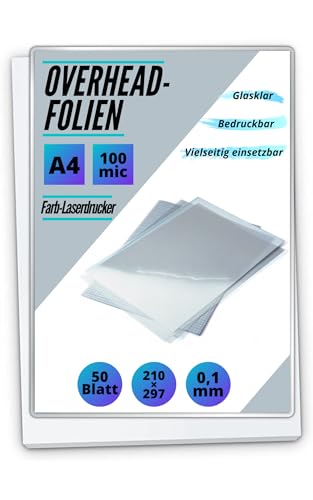 50 x Overheadfolie A4 - OHP Folien glasklar - Folie für Farb-Laserdrucker - Overheadfolien auch als Kopierfolie, Projektorfolie oder Drucker Folie geeignet von MK Marc Kindermann