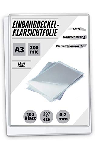 PREMIUM Deckblätter Klarsichtfolien, PVC, matt, 100 Stück (A3, 0.20mm) von MK Marc Kindermann