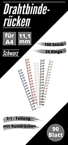 PREMIUM Drahtbinderücken, 100 Stück, DIN A4, schwarz, 34 Ringe, 3:1 Teilung (11,1 mm, 90 Blatt) von MK Marc Kindermann